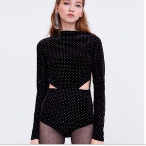 ZARA Bodysuit Black Velvet Glitter Cut Out Womens S Party Glam Disco 70s Blogger